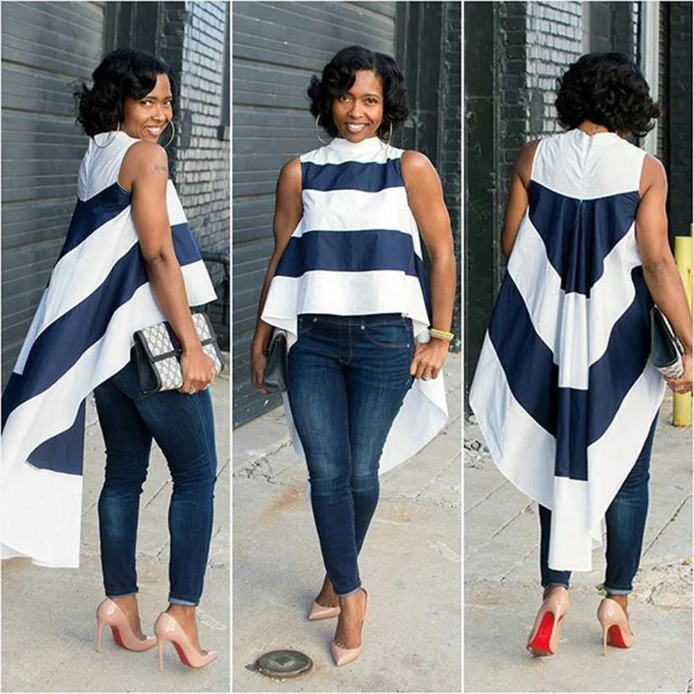 Hot style women's casual fashion contrast stripe top short front and long flowing tail long shirt
Hot style women's casual fashion contrast stripe top short front and long flowing tail long shirt