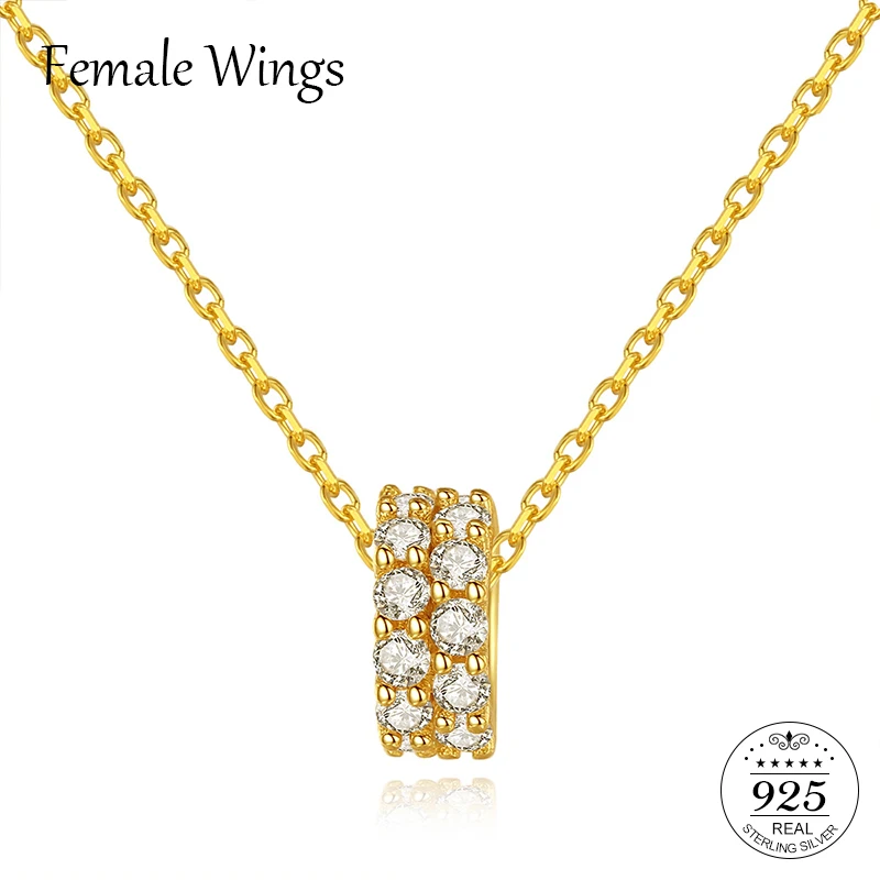 Фото Female Wings 925 Sterling Silver Double Row Full Zirconium Pendant Necklace Plated 18K Real Gold Clavicle Chain FN037 | Украшения и