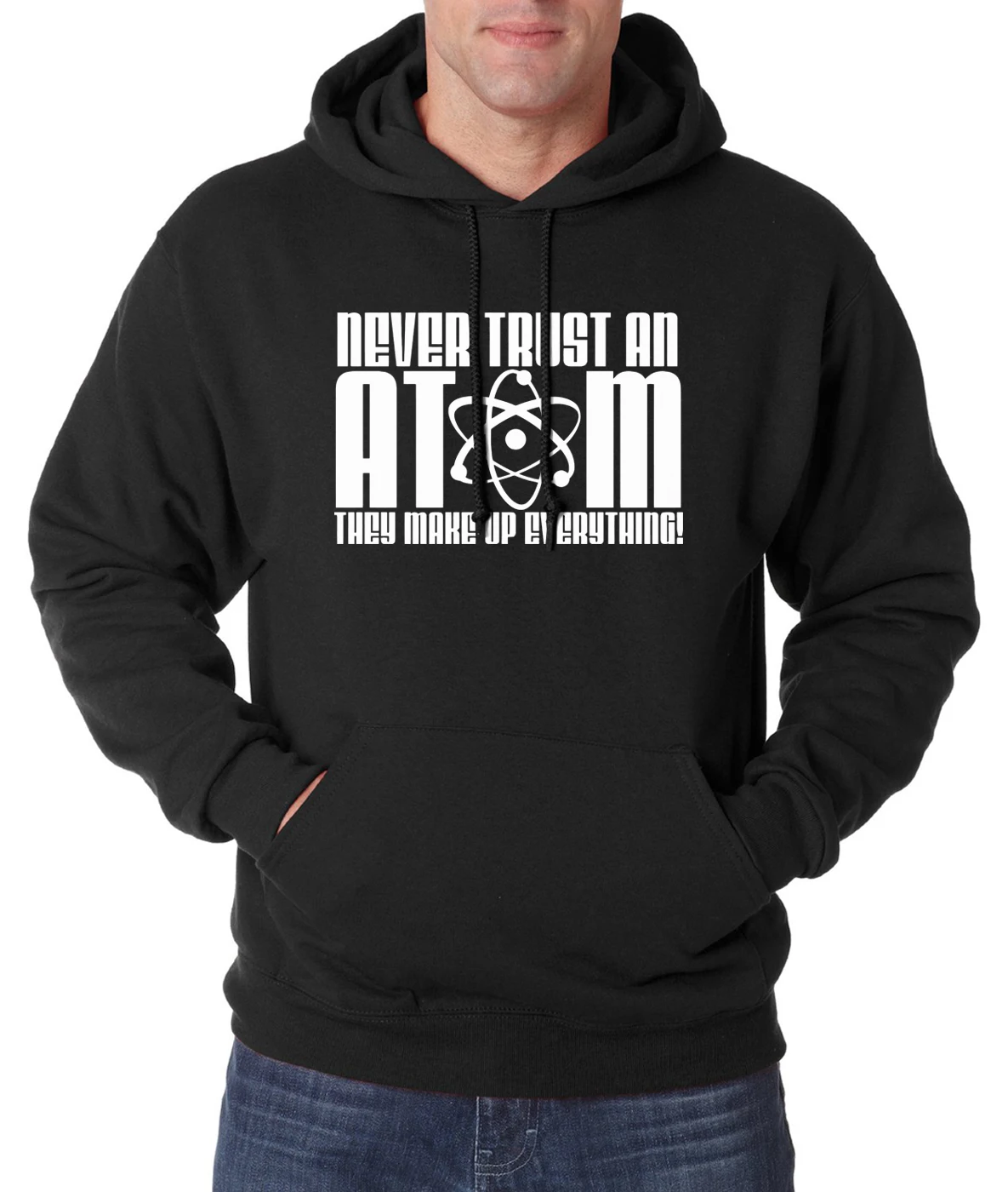 Мужская толстовка с капюшоном Chemical Science флисовая надписью Never Trust An Atom They Make Up