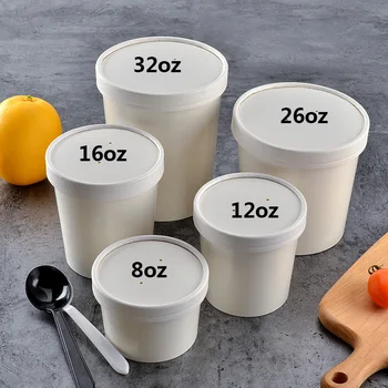 

100x 8oz 12oz 16oz 26oz 32oz 235ml-1050ml Round Paper Soup Cups Disposable Bowls Take-out Carry-out Take-away Cold Hot Meals