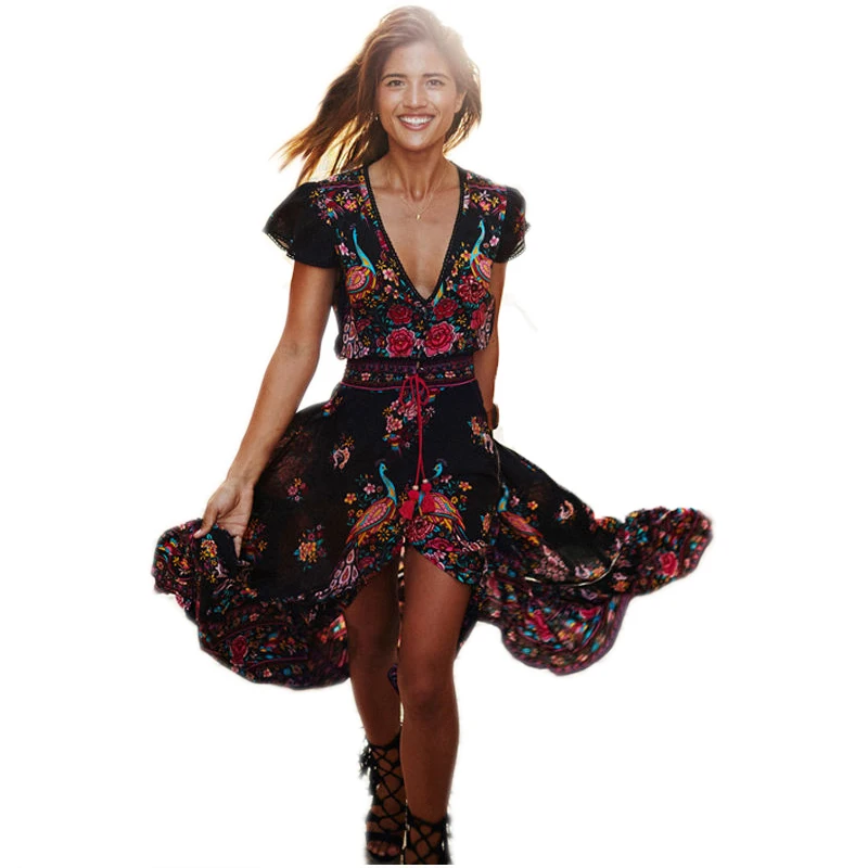 Women fashion summer vintage floral printed boho long maxi dress short sleeve v-neck bandage asymmetric long sundress 
Women fashion summer vintage floral printed boho long maxi dress short sleeve v-neck bandage asymmetric long sundress