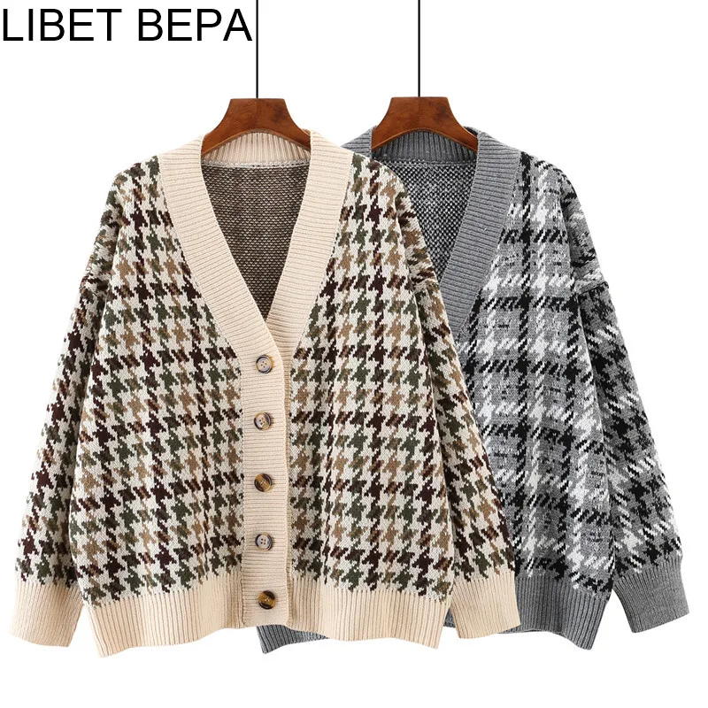Casual Women Cardigans Sweater New 2019 Knitting Autumn Winter Warm Houndstoot Buttons Single Breasted Elegant Ladies Tops SW917 |