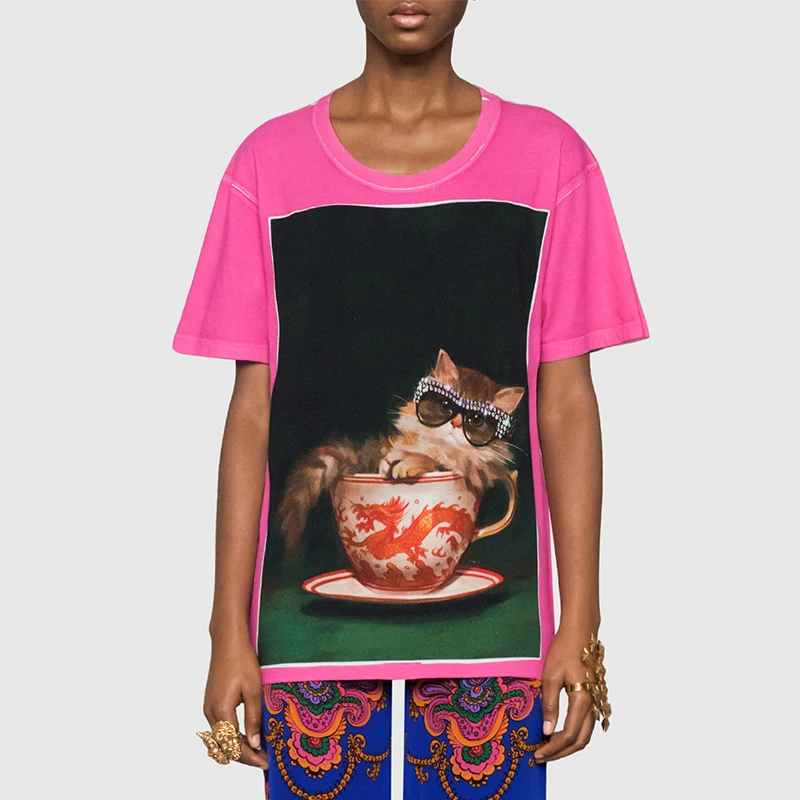 Round Neck Loose Women Hot Pink T-Shirt Short Sleeve Cute Cat In Coffee Cup Printing Polyster Cool Fabric Tee Summer Top
Round Neck Loose Women Hot Pink T-Shirt Short Sleeve Cute Cat In Coffee Cup Printing Polyster Cool Fabric Tee Summer Top