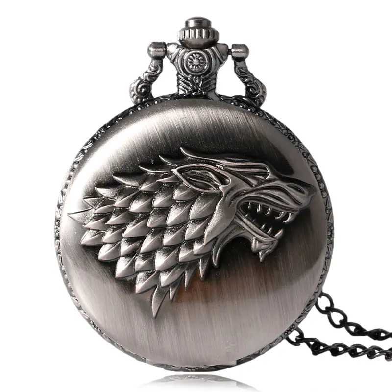 

Retro Game of Thrones Stark House Crest Wolf Silver Bronze Quartz Pocket Watch Clock Antique Men Women Necklace Chain Gifts