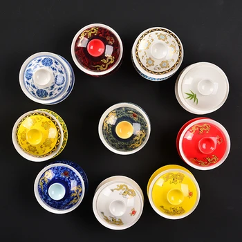 

on sales Chinese kungfu tea set porcelain gaiwan cup saucer lid dragon print bamboo panda ceramic tureen cup bowl covered bowls