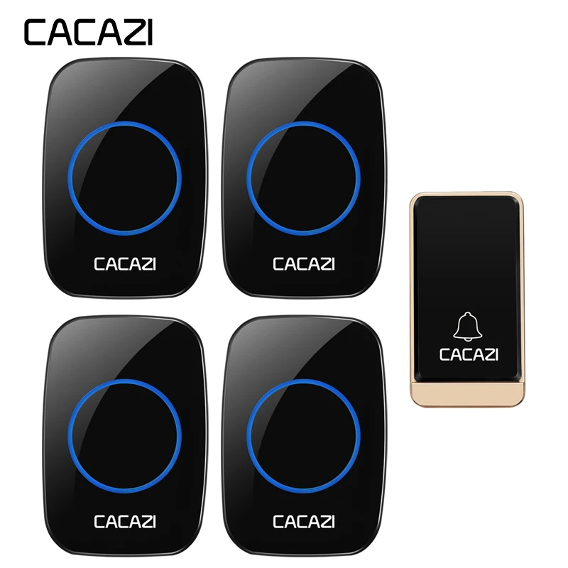 

CACAZI Self-powered Wireless Doorbell Waterproof No battery 200M Remote 1 Button 4 Receiver LED light Cordless DoorBell EU Plug