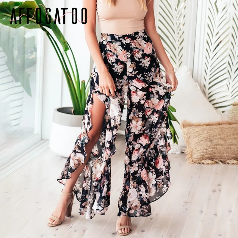 Affogatoo повседневное boho печати рюшами Лето пляжные брюки 2019 пикантные разделение