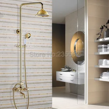 Bathroom Luxury Rain Shower Faucet Set Gold Color Brass Dual Handle Bath Tub Mixer Tap with Ceramic Handheld Shower Spray lgf453
Bathroom Luxury Rain Shower Faucet Set Gold Color Brass Dual Handle Bath Tub Mixer Tap with Ceramic Handheld Shower Spray lgf453