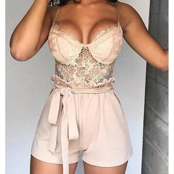 Women Wrap Belt Spaghetti Strap Lace Rompers Sashes Sexy Streetwear Low Cut Bodycon Summer Beach Playsuits