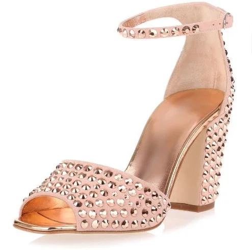 

Elegant Champagne Crystal Embellished Women Square Heels Sandals Peep Toe Ankle Strap Cut-out Ladies Sandals Plus Size 10