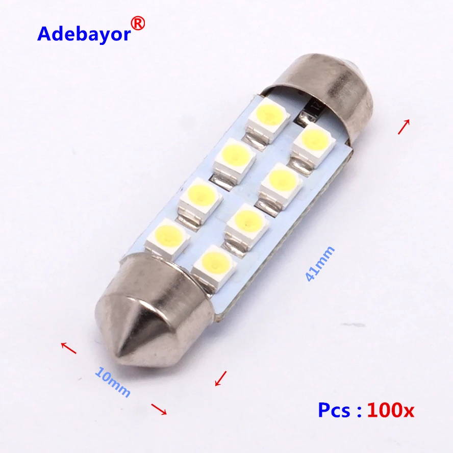 100 X 41mm 1210 8 LED Car Auto Interior 3528 SMD 8 LED Light White Festoon LED Licence Plate Lamp Bulb Dome Roof Car Light
100 X 41mm 1210 8 LED Car Auto Interior 3528 SMD 8 LED Light White Festoon LED Licence Plate Lamp Bulb Dome Roof Car Light