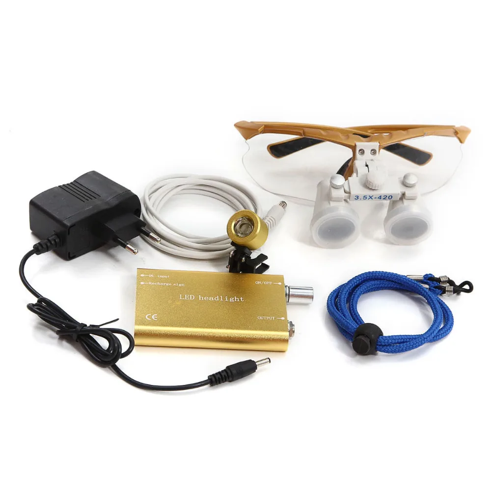 Denshine,3.5X420 ER-8Y Dentist Dental Surgical Binocular Loupes Optical with Portable LED Head Light Lamp golden Free shipping 
Denshine,3.5X420 ER-8Y Dentist Dental Surgical Binocular Loupes Optical with Portable LED Head Light Lamp golden Free shipping