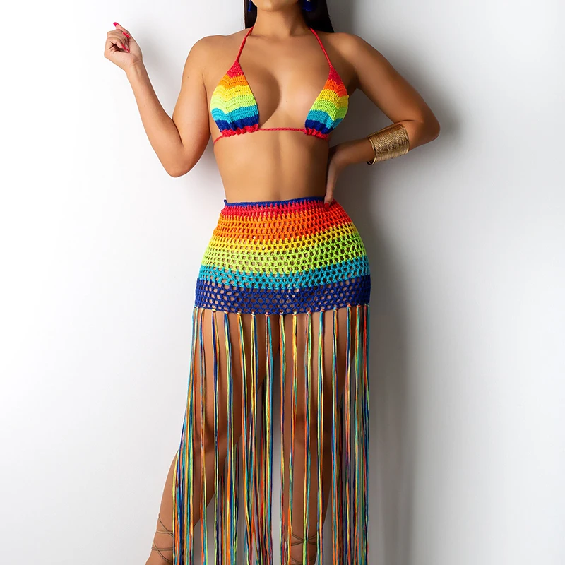 Rainbow Crochet Tassel Sexy Two Piece Sets Halter Crop Bra Backless Hollow Out Fringed Dress Women Swimwear Beach Club Outfits
Rainbow Crochet Tassel Sexy Two Piece Sets Halter Crop Bra Backless Hollow Out Fringed Dress Women Swimwear Beach Club Outfits