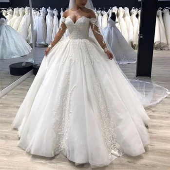 Elegant Long Wedding Dress 2019 Sweetheart Neck Long Sleeves Chapel Train Ball Gown Appliques Tulle Wedding Gowns Vestido longo
Elegant Long Wedding Dress 2019 Sweetheart Neck Long Sleeves Chapel Train Ball Gown Appliques Tulle Wedding Gowns Vestido longo