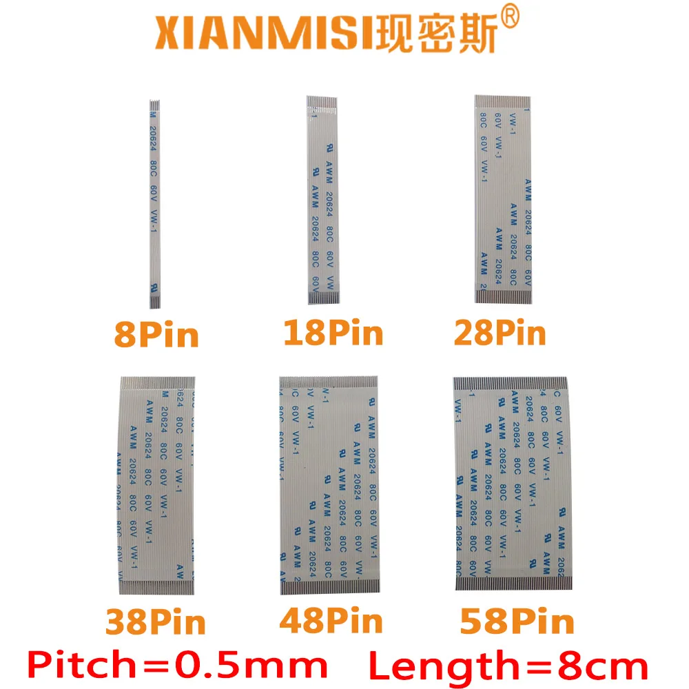 FFC/FPC Flat Flex Cable 8Pin 18Pin 28Pin 38Pin 48Pin 58Pin Same Side 0.5mm Pitch AWM VW-1 20624 20798 80C 60V Length 8cm 5PCS 
FFC/FPC Flat Flex Cable 8Pin 18Pin 28Pin 38Pin 48Pin 58Pin Same Side 0.5mm Pitch AWM VW-1 20624 20798 80C 60V Length 8cm 5PCS