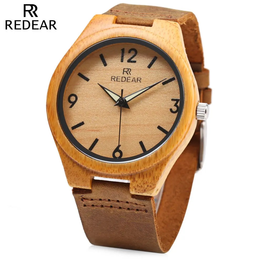

REDEAR SJ 1448 - 8 Wooden Women Quartz Watch Leather Strap Luminous Pointer Analog Wristwatch