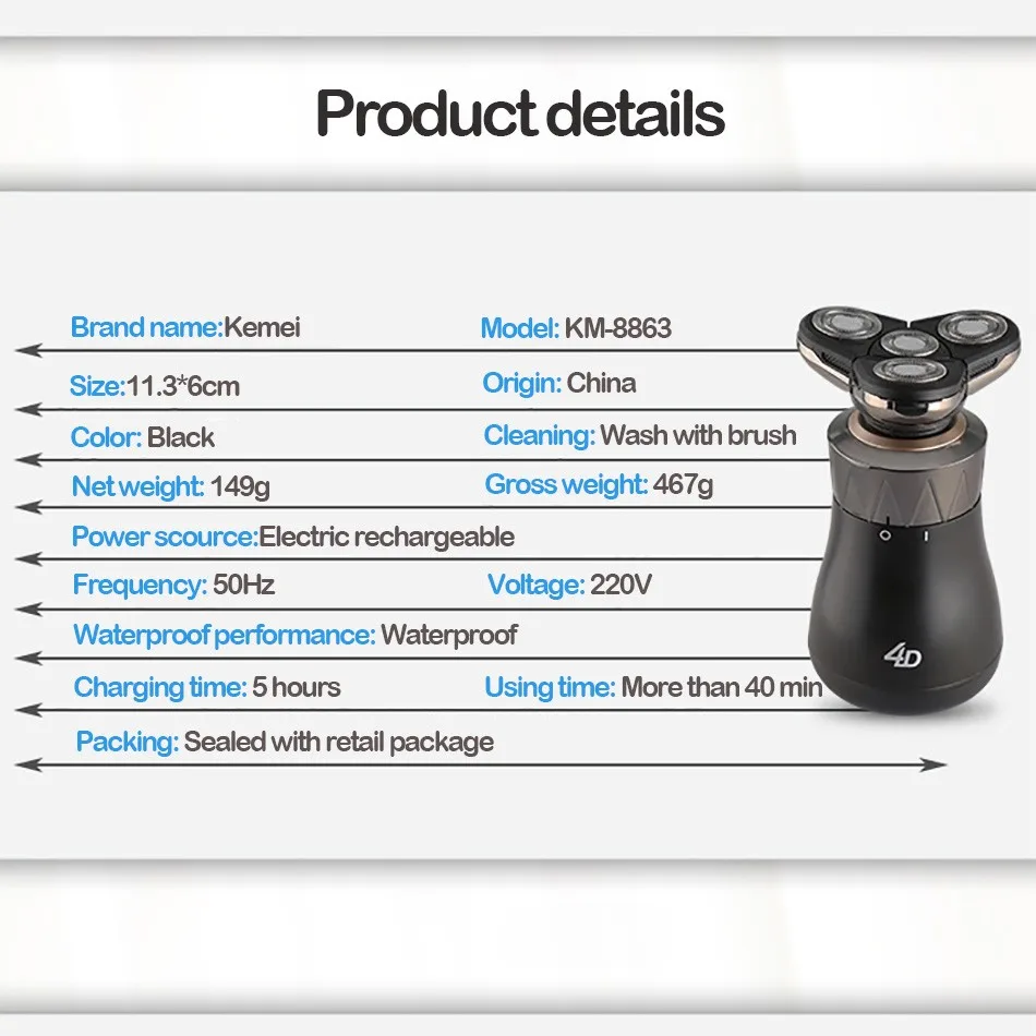 Kemei KM-8863 2 in 1 Washable Rechargeable Electric Shaver 4d Floating Rotary Shaver 4 Electric Shaver Head For Men Face Care