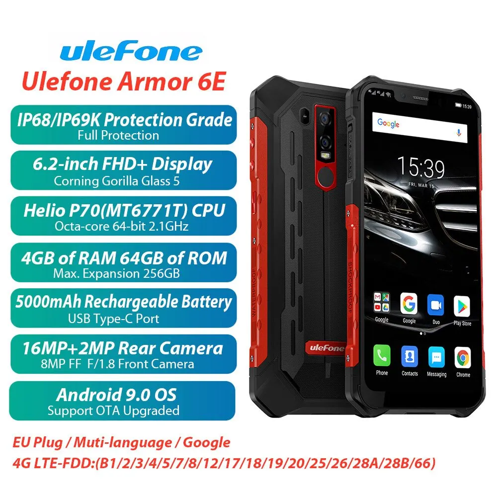 EU Version Ulefone Armor 6E IP68 Waterproof Rugged Phone 6.2inch 4GB+64GB 16MP Android 9.0 Helio P70 Octa Core Dual SIM Wireless
EU Version Ulefone Armor 6E IP68 Waterproof Rugged Phone 6.2inch 4GB+64GB 16MP Android 9.0 Helio P70 Octa Core Dual SIM Wireless