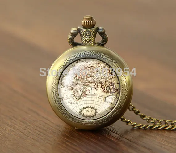 Фото Винтажные карманные часы с картой мира 12 шт ожерелье медальон - купить