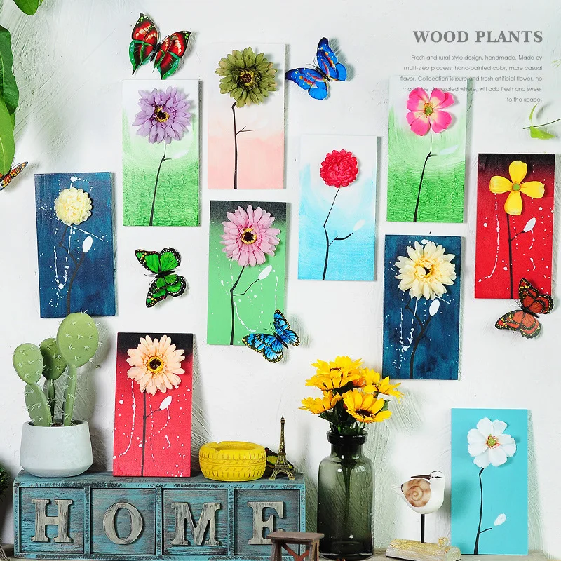 Фото Pastoral Fresh Color Wooden Board Floral Simulation Plants Combination Stereo Decorative Home Living Room Wall Decorations |