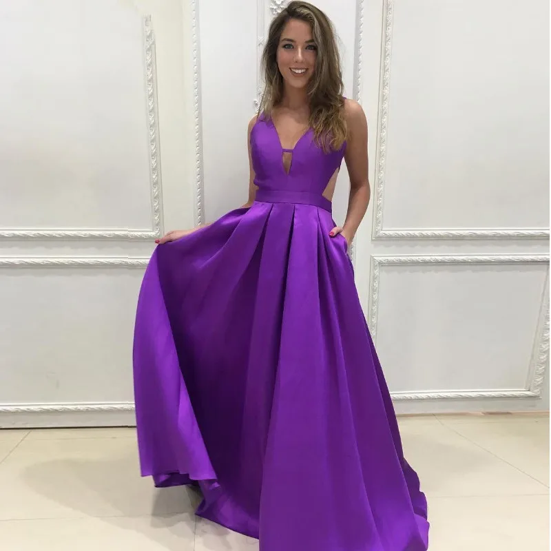 Simple A-Line Satin Long Evening Dresses Party Gowns With Pocket V-Neckline Sleeveless Open Back Purple Prom Party Dresses 2020
Simple A-Line Satin Long Evening Dresses Party Gowns With Pocket V-Neckline Sleeveless Open Back Purple Prom Party Dresses 2020