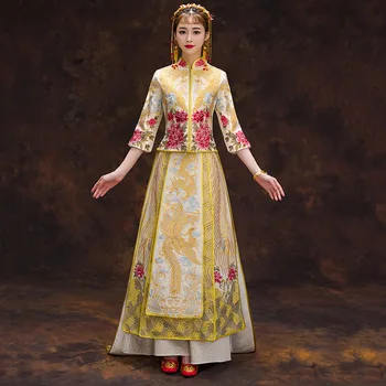 Vintage Embroidery Formal&Phoenix Cheongsam Royal Classic Gold Slim Wedding Trailing Dress Noble Chinese Women Marriage Suit
Vintage Embroidery Formal&Phoenix Cheongsam Royal Classic Gold Slim Wedding Trailing Dress Noble Chinese Women Marriage Suit