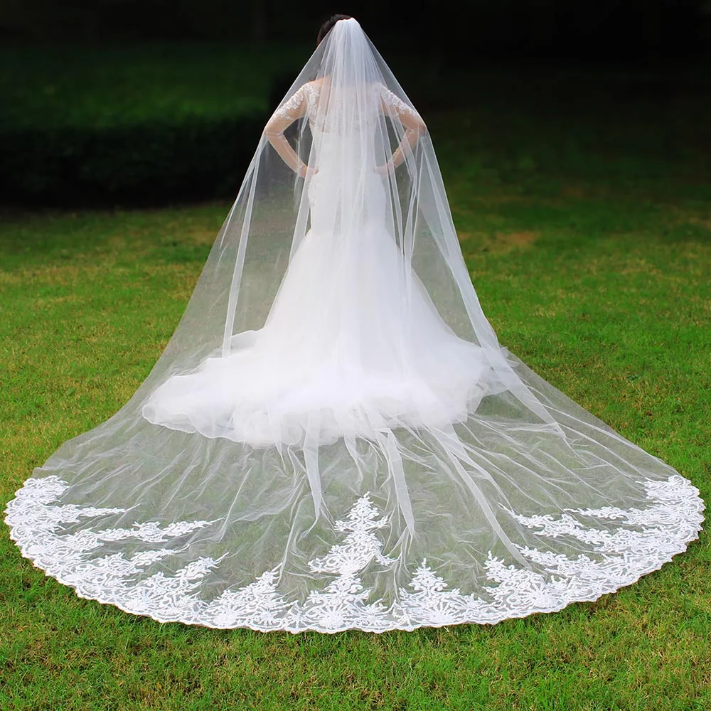 

Elegant 4 Meters Long One Layer Bridal Veil with Comb White Ivory Lace Wedding Veil New Velo de Novia Bride Accessories