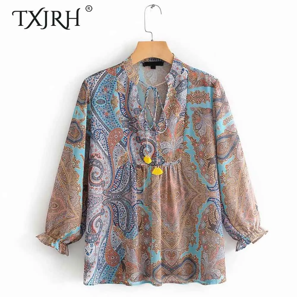 TXJRH Vintage Bohemia Baroque Cashew Floral Print Shirt Fashion Women V-Neck Tassel Lacing up Tied Bow Loose Blouse Tops
TXJRH Vintage Bohemia Baroque Cashew Floral Print Shirt Fashion Women V-Neck Tassel Lacing up Tied Bow Loose Blouse Tops