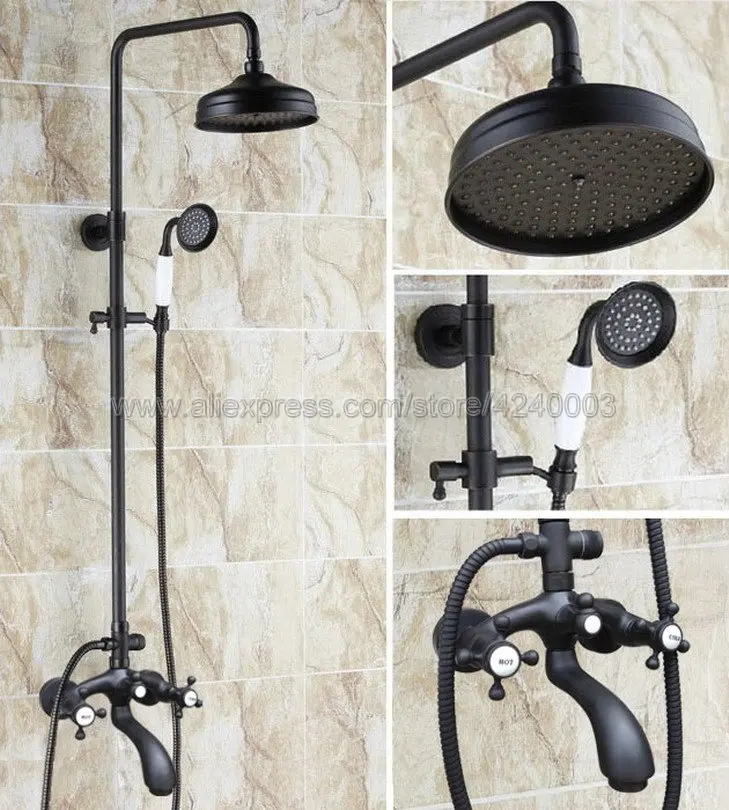 

Black Oil Rubbed Brass Wall Mounted Bathroom Shower Faucet Set 8" Rainfall Shower head Tub Mixer Tap With Hand Sprayer Khg111