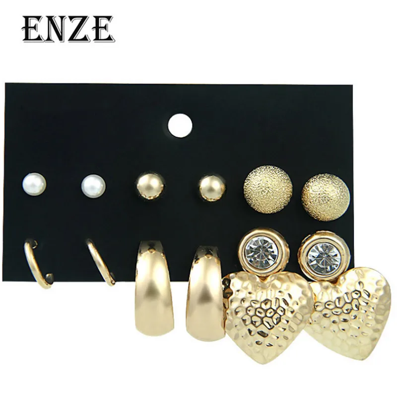 ENZE Free Shipping Fashion Women's Accessories 6/set heart-shaped ball earrings combination Personality boys and girls couple je |
