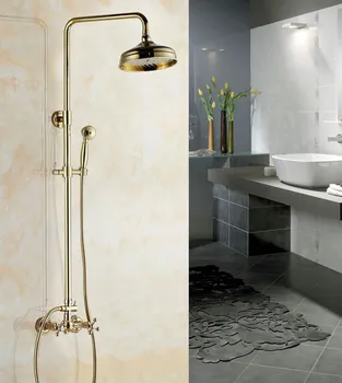 Golden Brass Wall Mounted Rain Bathroom Shower Faucet Set Dual Cross Handle Mixer Tap W/ Hand Shower Cgf321
Golden Brass Wall Mounted Rain Bathroom Shower Faucet Set Dual Cross Handle Mixer Tap W/ Hand Shower Cgf321