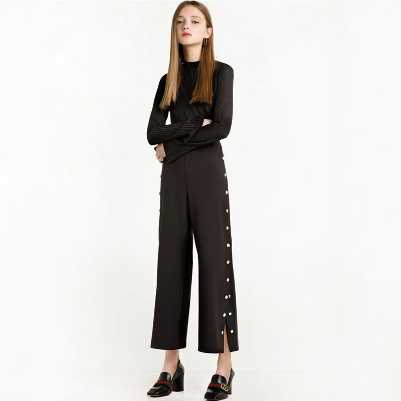Fashionable Pure Color Simple Single-row Button Open-legged Trousers Regular Full Length Black Women Pants 2019 Womens Pants
Fashionable Pure Color Simple Single-row Button Open-legged Trousers Regular Full Length Black Women Pants 2019 Womens Pants