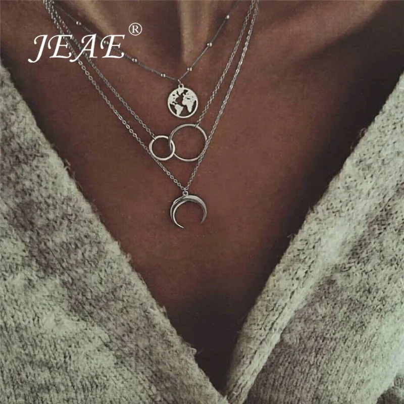 

Bohemian Wanderlust Gypsy Necklace For Women Silver Long Chain Layered Choker Circle World Map Earth Moon Necklace Boho Jewelry