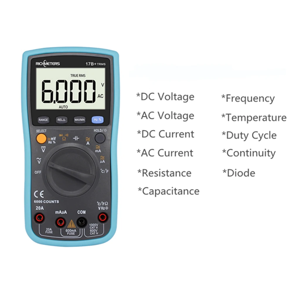 RICHMETES 17B+ 6000 Counts Digital DC Multimeter AC Voltage Current Meter Resistance Diode Capaticance Tester Multimetro
RICHMETES 17B+ 6000 Counts Digital DC Multimeter AC Voltage Current Meter Resistance Diode Capaticance Tester Multimetro