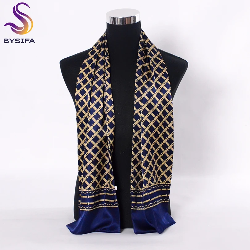 

[BYSIFA] Navy Blue Gold Plaid Men Silk Scarves Fashion Accessories Autumn Winter Male Pure Silk Long Scarves Cravat 160*26cm