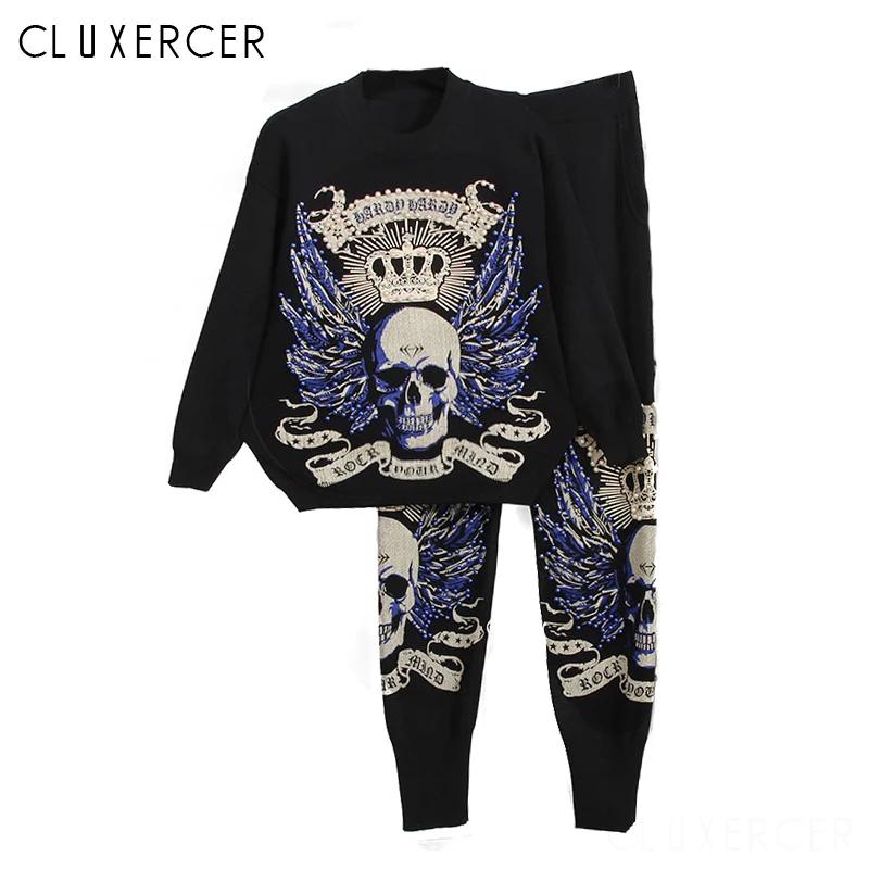 Women Autumn Sporting 2 Piece Sets Clothes Streetwear Pullover Sweater Black skull Printing Beading Pants Tracksuits
Women Autumn Sporting 2 Piece Sets Clothes Streetwear Pullover Sweater Black skull Printing Beading Pants Tracksuits