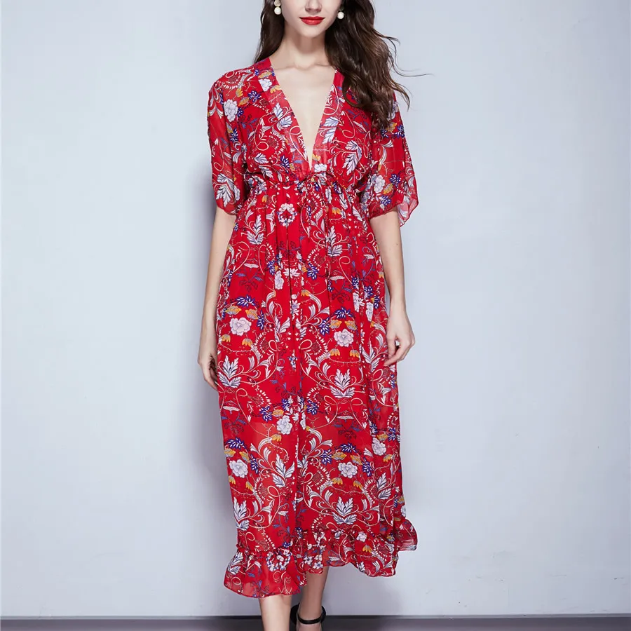 Slim High Waist One-Piece Dress Female Mid-Long Style Deep V Sexy Printed Bohemia Vacation Vestidos Lady Red Flare Dress Summer
Slim High Waist One-Piece Dress Female Mid-Long Style Deep V Sexy Printed Bohemia Vacation Vestidos Lady Red Flare Dress Summer