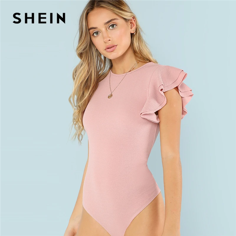 

SHEIN Layered Ruffle Detail Textured Bodysuit 2018 Summer Round Neck Ruffle Bodysuit Clothing Women Pink Solid Casual Bodysuit