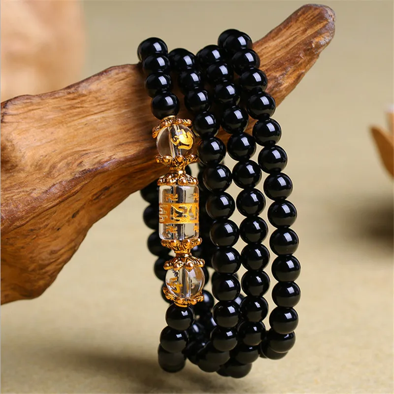 natural Obsidian Zodiac Animal Buddha Wrap Bracelet 1147