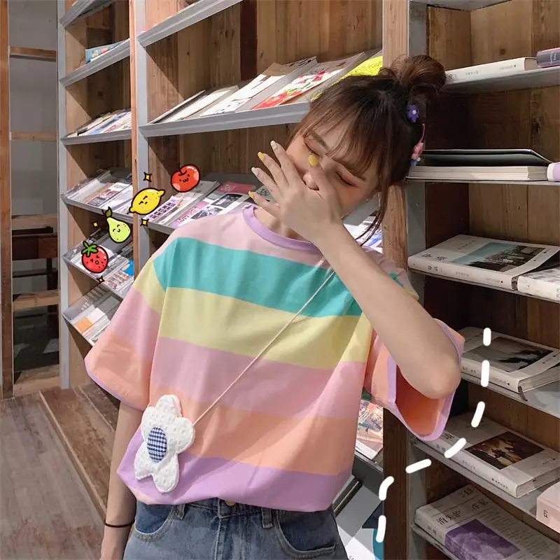 Loose Casual Rainbow Striped Short Sleeve T-shirt Women's Tshirts Kawaii Ulzzang Female Sweet Lovely Harajuku Tshirt For Women
Loose Casual Rainbow Striped Short Sleeve T-shirt Women's Tshirts Kawaii Ulzzang Female Sweet Lovely Harajuku Tshirt For Women