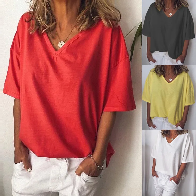 Summer Tee Shirt Women Solid Basic Top Short Sleeve V Neck Ladies Tees Tops Casual Loose Cotton T Shirt
Summer Tee Shirt Women Solid Basic Top Short Sleeve V Neck Ladies Tees Tops Casual Loose Cotton T Shirt