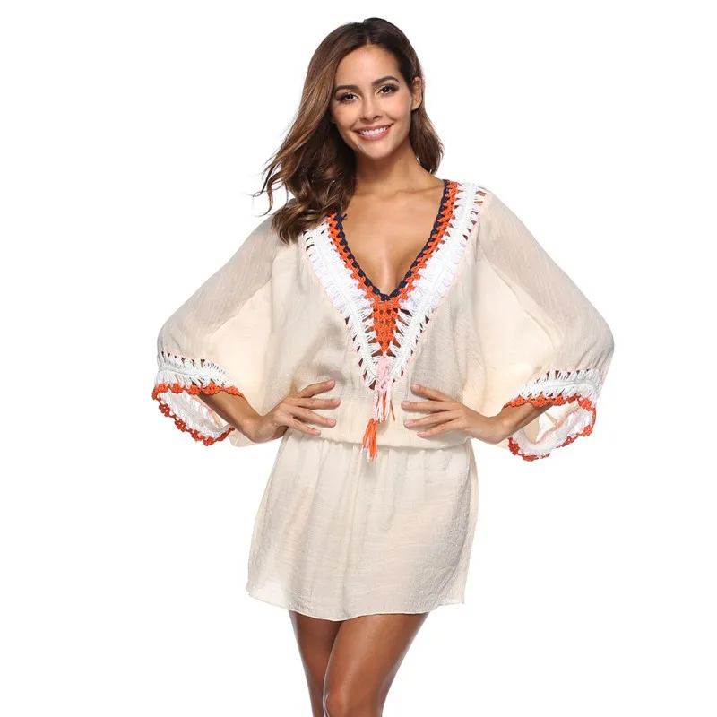Women Sexy Splicing V-neck bat sleeve irregular beach cover ups Sunscreen Knit collar loose bikini covers 5 colors
Women Sexy Splicing V-neck bat sleeve irregular beach cover ups Sunscreen Knit collar loose bikini covers 5 colors