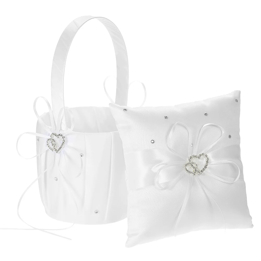 6 * 6 inches Double Heart Satin Ring Bearer Pillow and Wedding Flower Girl Basket Set with Rhinestone Ribbon Decoration White
6 * 6 inches Double Heart Satin Ring Bearer Pillow and Wedding Flower Girl Basket Set with Rhinestone Ribbon Decoration White