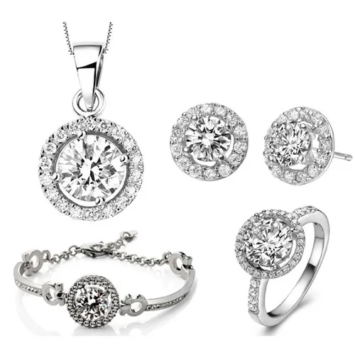 Brand bridal real quality round zircon rhinestone pendant necklace earring bracelet ring fashion jewelry setlovers gift | Украшения и