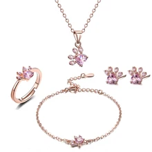 4 PCS חדש חתול דוב כלב Paw טבעת לנשים תכשיטי סטים לבן CZ אבן כסף זהב צבע טבעות שרשרת צמיד עגיל סט(China)