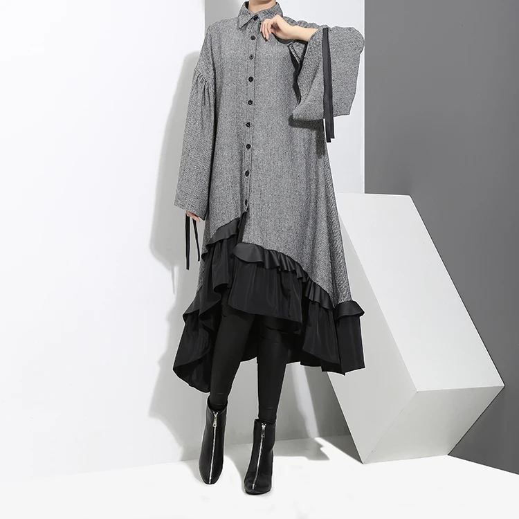 2020 Autumn Winter Women Plus Size Gray Shirt Dress Midi Long Sleeve Patchwork Thick Warm Ruffled Elegant Party Dress Style 3073 2020 Autumn Winter Women Plus Size Gray Shirt Dress Midi Long Sleeve Patchwork Thick Warm Ruffled Elegant Party Dress Style 3073