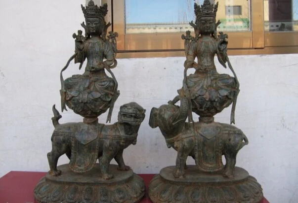 S1395 Tibet bronze manjusri samantabhadra Bodhisattva Kwan-Yin Statue pair D0318