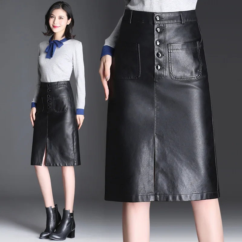 

Ms. Thin Slit Forked Skirt women Button High Waist PU Leather Skirt girl Elegant Slim Mock Wild Pack Hip skirts Female 9101