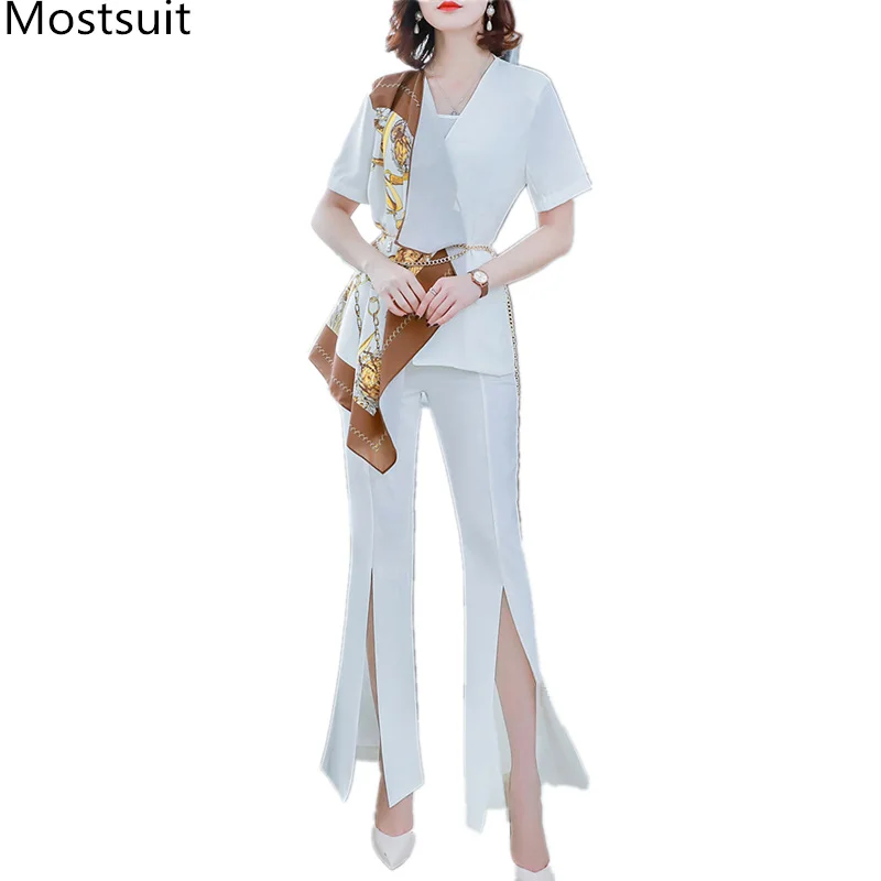 Summer Black White Office Two Piece Sets Outfits Women Plus Size Scarf Patchwork Tops With Chain And Splitting Flare Pants Suits
Summer Black White Office Two Piece Sets Outfits Women Plus Size Scarf Patchwork Tops With Chain And Splitting Flare Pants Suits