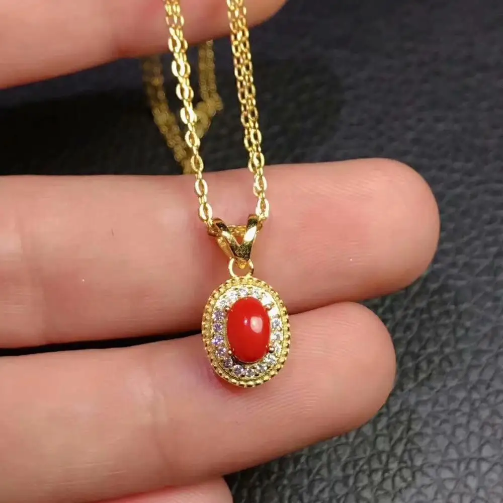 

shilovem 925 sterling silver Natural red coral pendants fine Jewelry women trendy send necklace new gift 4*6mm xhfz0406285agsh